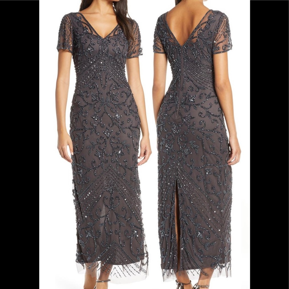 Pisarro Nights Slate Grey Beaded Gown